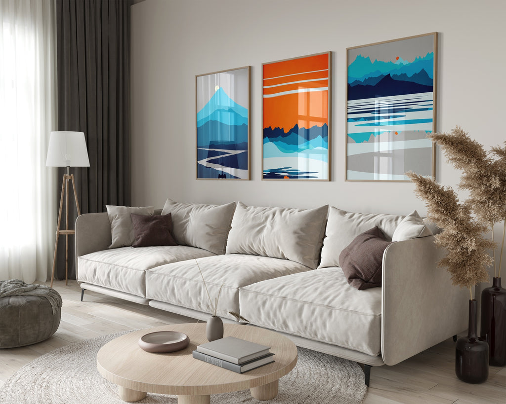 3 Piece Abstract Scandinavian Artwork Set in Blue and Orange.