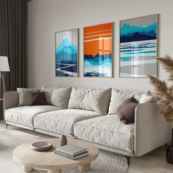 3 Piece Abstract Scandinavian Artwork Set in Blue and Orange.