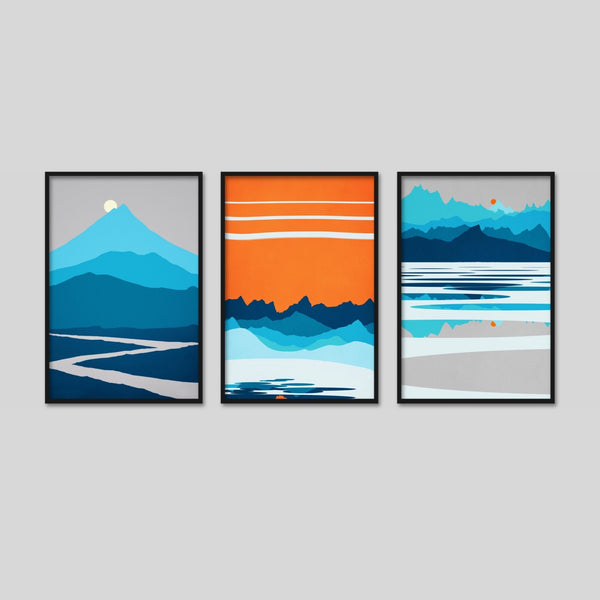 Minimalist Nordic Wall Art Set of 3 in Blue and Orange.