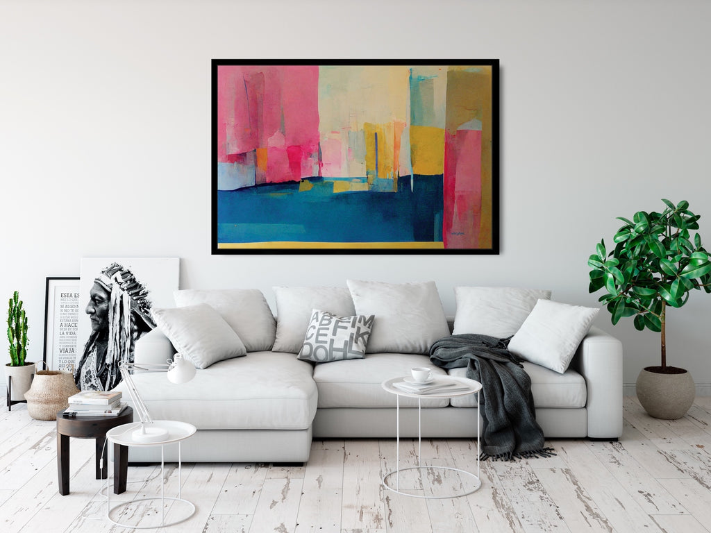 A colorful abstract acrylic wall art in pink, blue and yellow. 
