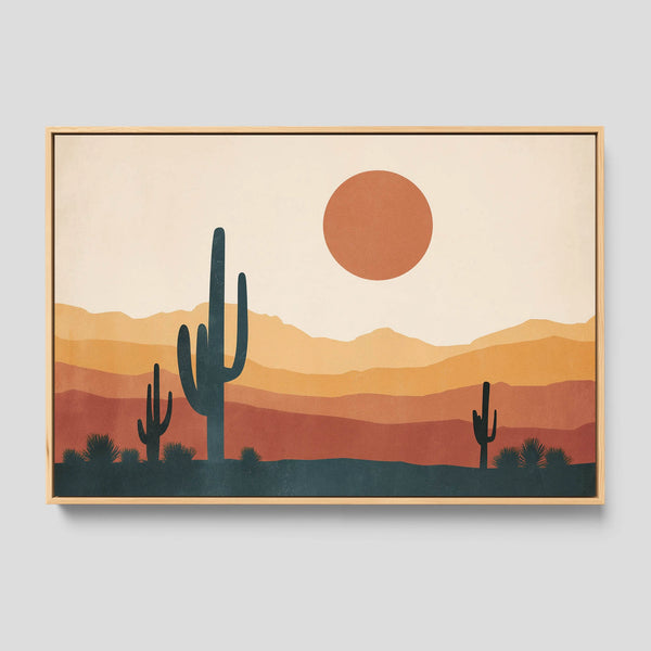 A desert print featuring retro style with warm tones, minimalist forms, and a classic southwestern vibe.