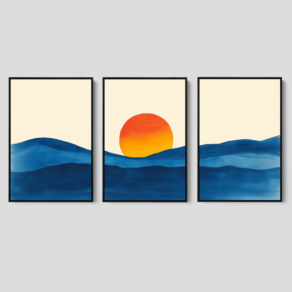 A set of abstract prints in blue and orange.