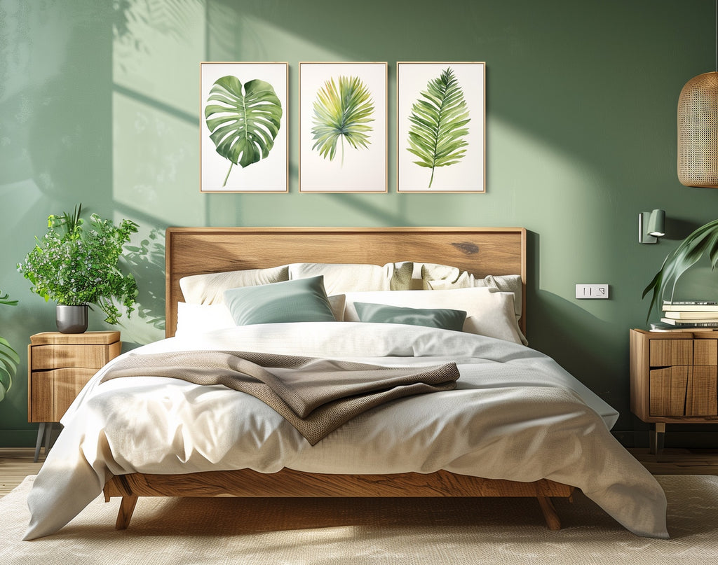 A large set of three boho inspired botanical art prints in shades of green.