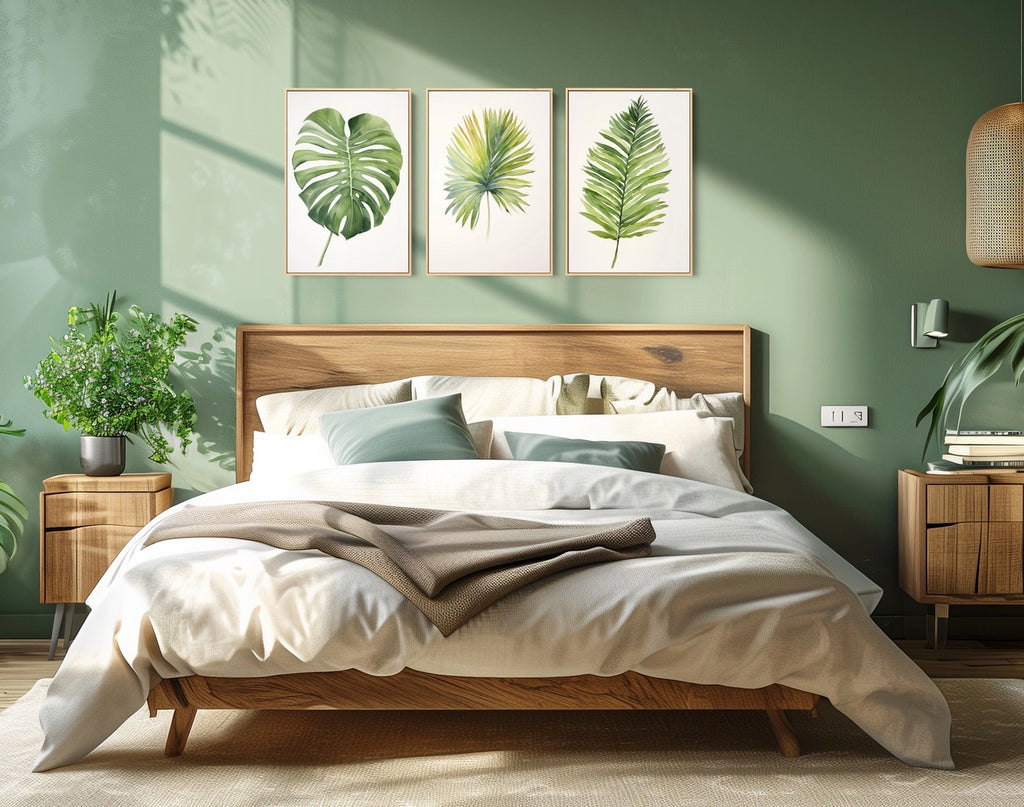 A large set of three boho inspired botanical art prints in shades of green.