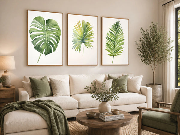 A modern tropical floral watercolor artwork set in shades of green.