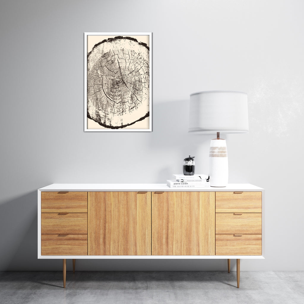 Modern vertical woodcut nature art print in neutral colors.