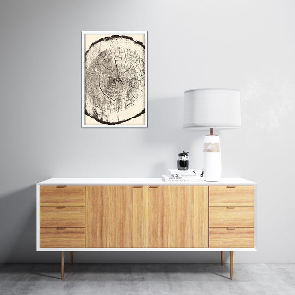 Modern vertical woodcut nature art print in neutral colors.