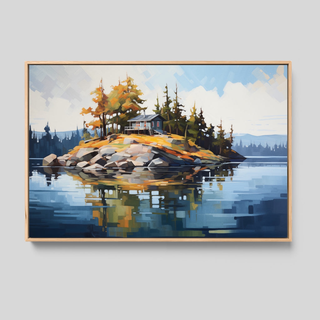 Cabin on Lake Landscape Painting in Blue, Gold and Green.