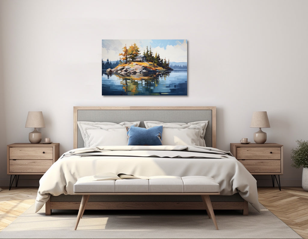 A large abstract nature artwork featuring a peaceful lake scene.