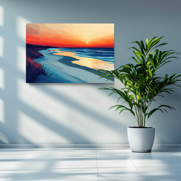 A nature artwork featuring colorful beach at sunset, blending bold hues with clean, modern design.