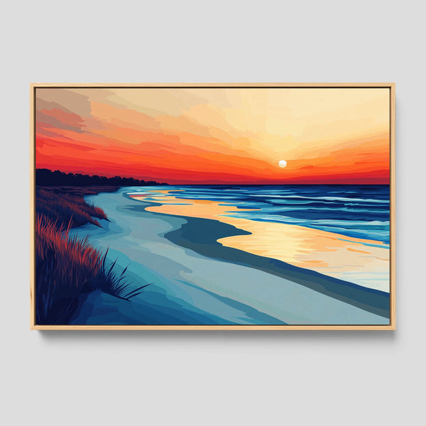 A framed coastal sunset wall decor in blue, orange and red.