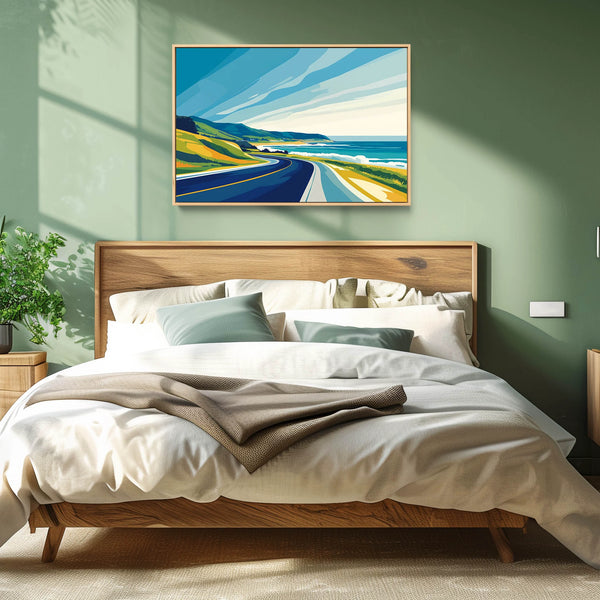 A vibrant illustration print, capturing a scenic coastal drive along rugged cliffs and ocean views.