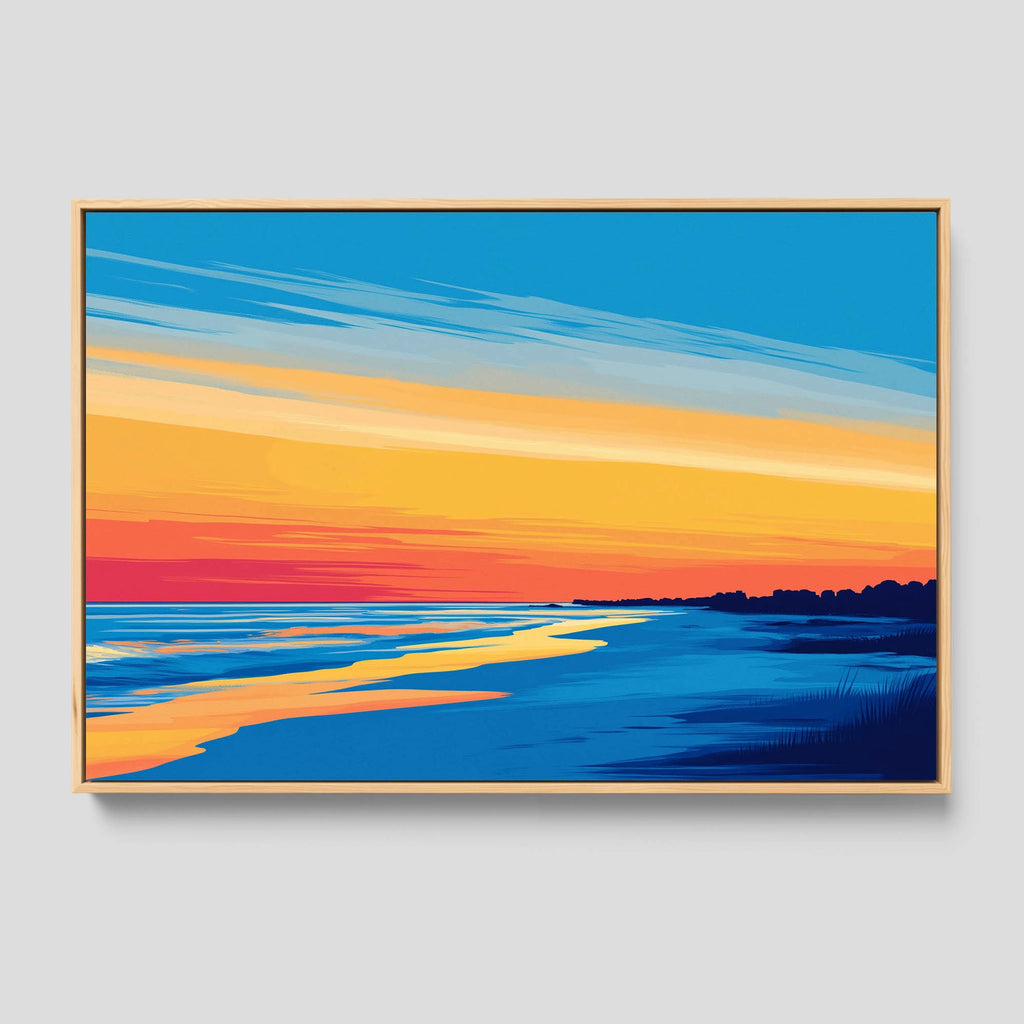 A colorful framed coastal landscape canvas art.