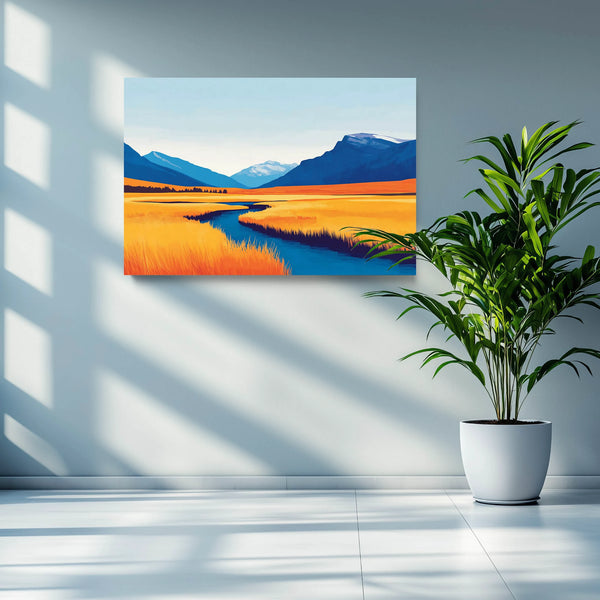 A framed wetlands scenery canvas artwork.