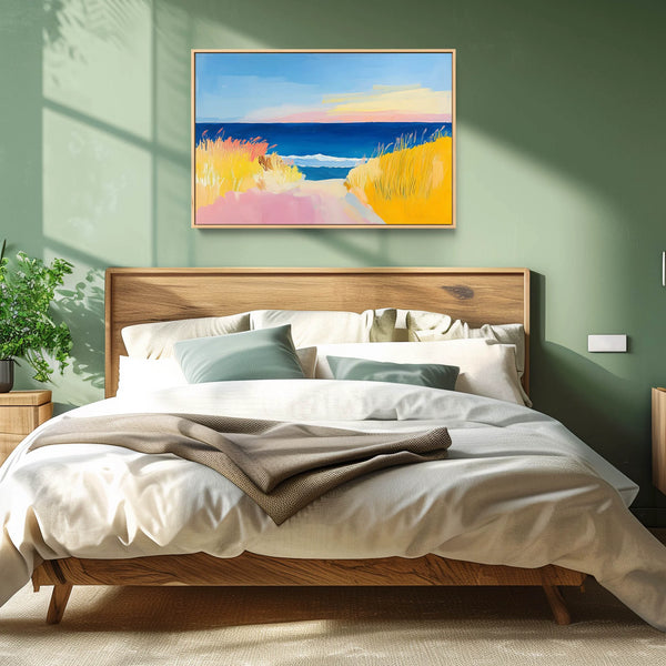 An abstract nature artwork in blue, yellow and pink.