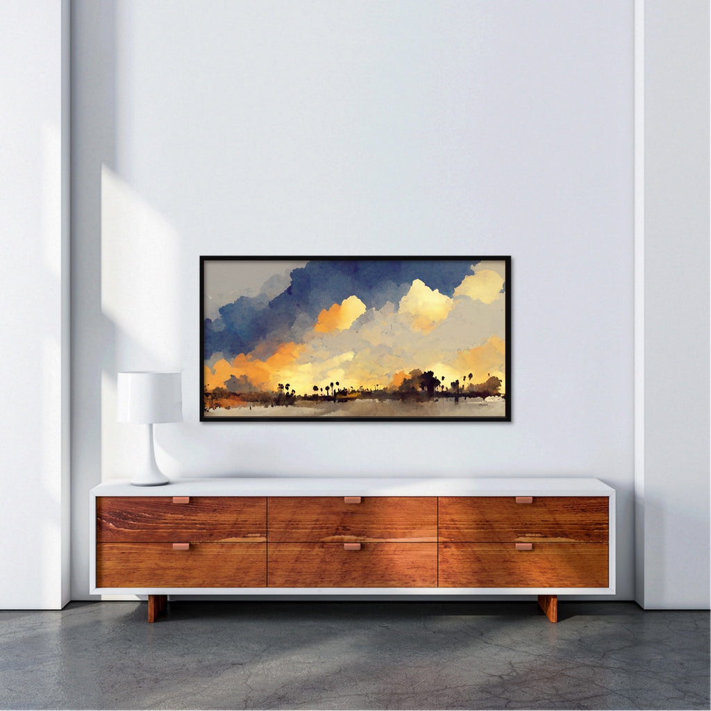 A panoramic California beach artwork available on fine art paper or canvas, framed or unframed.