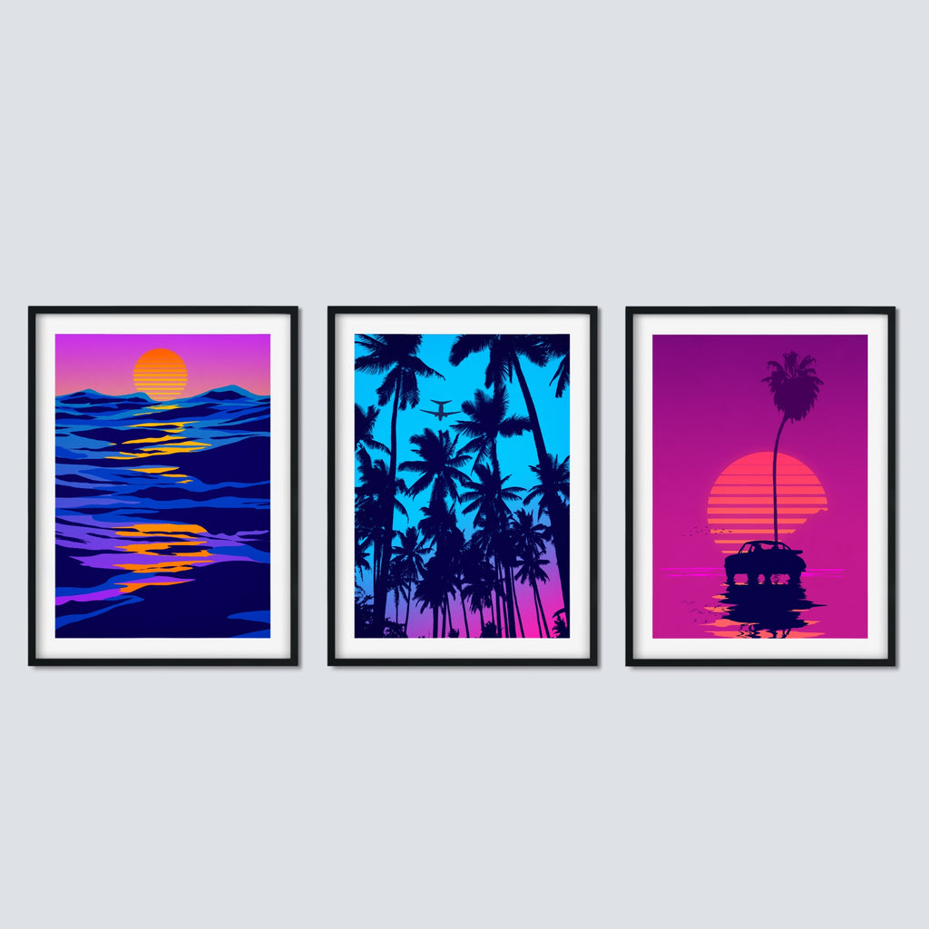 3 Piece Retrowave Wall Print Set in Vibrant 80's colors.