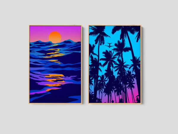Retrowave California Wall Art Set in Vibrant 80's colors.