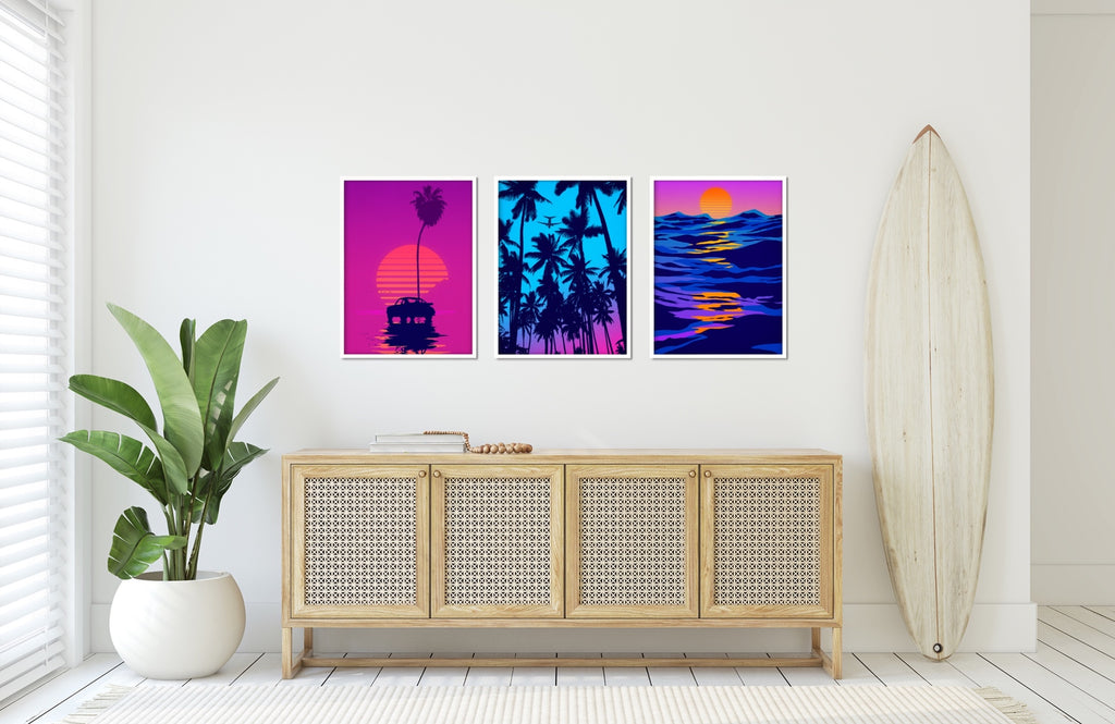 A set of three Southern California tropical retrowave art prints.