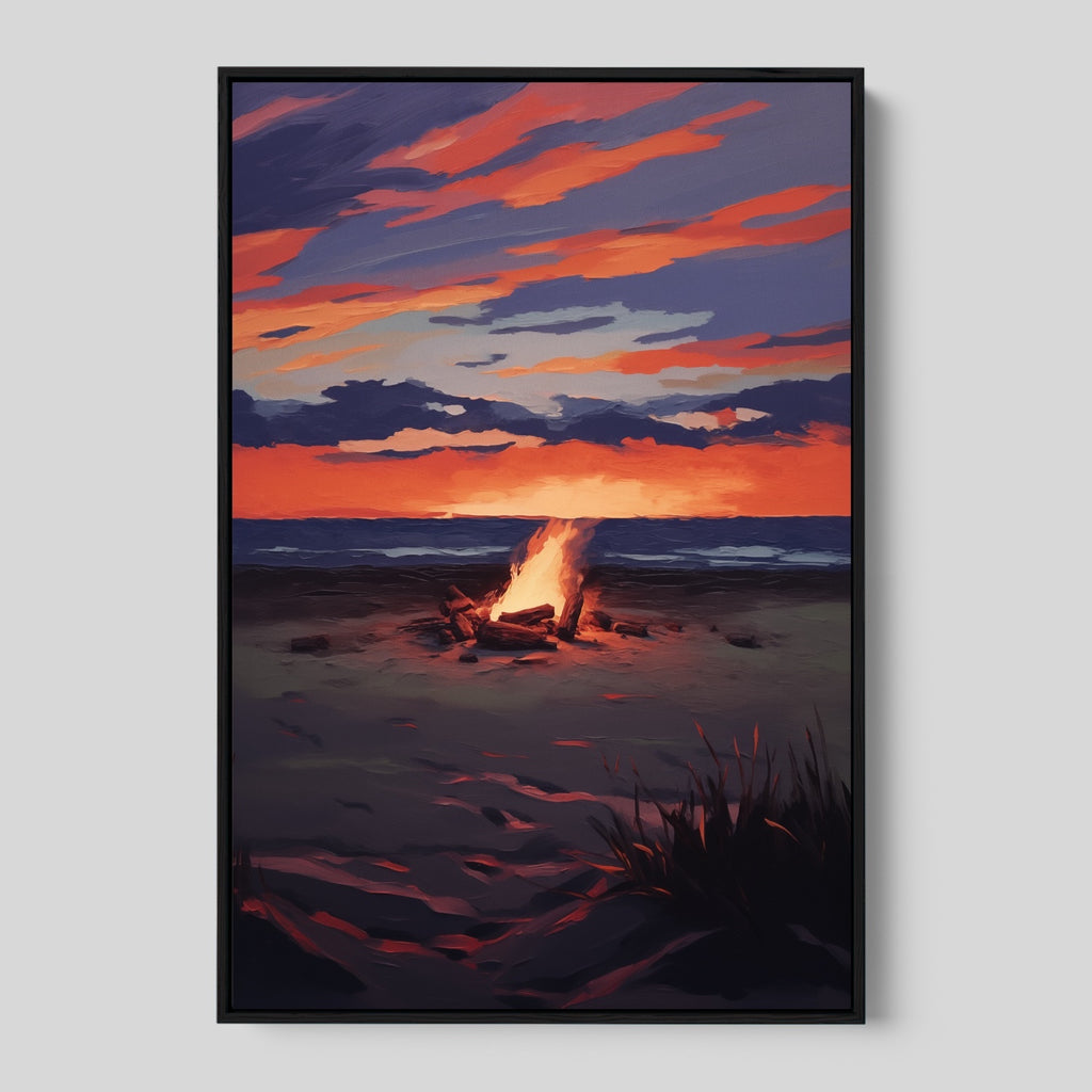 Framed Campfire on the Beach Art Poster.