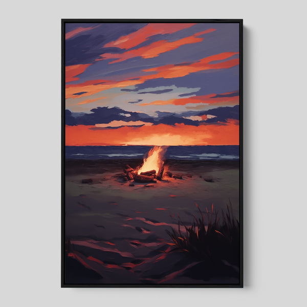 Framed Campfire on the Beach Art Poster.