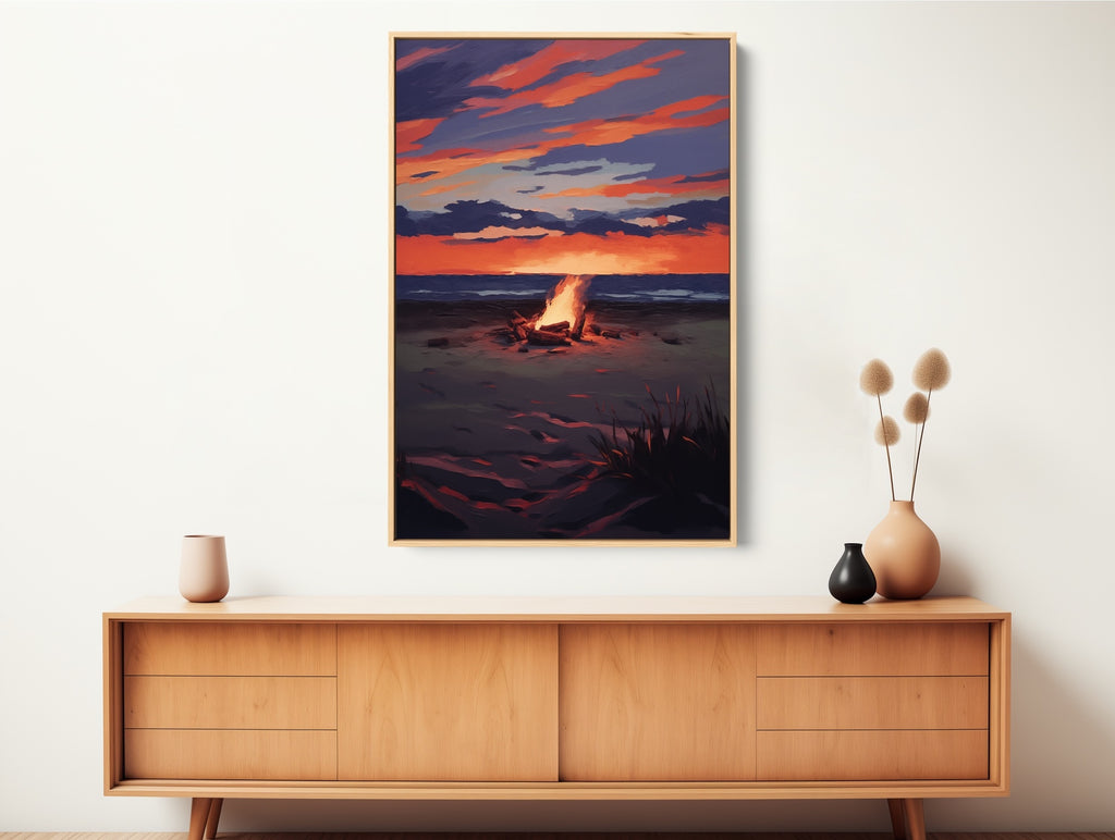 A cool coastal canvas artwork in blue and orange.