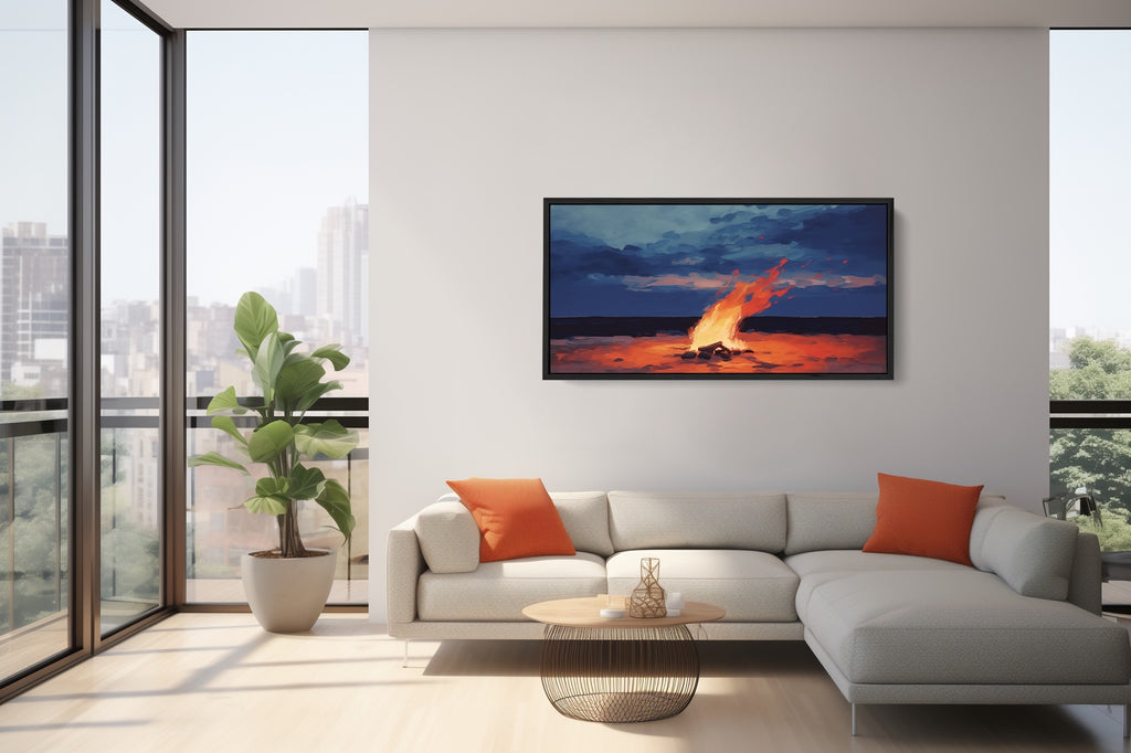 A modern nature canvas art print in blue and orange.