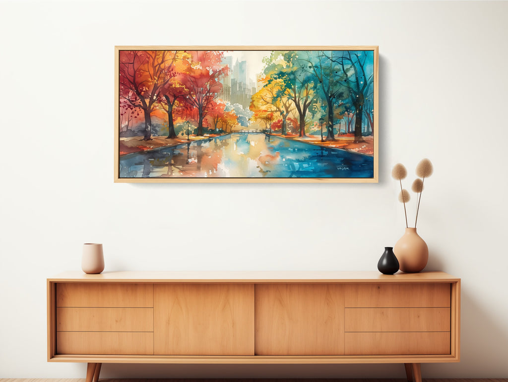 A colorful watercolor cityscape wall decor.