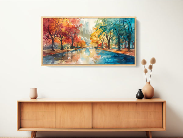 A colorful watercolor cityscape wall decor.