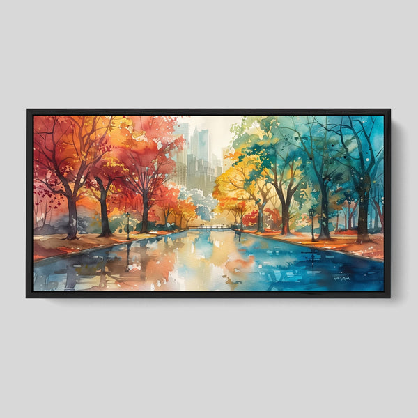 Central Park Watercolor Painting Canvas Art in Orange and Blue