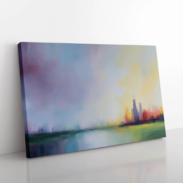 A horizontal abstract Chicago skyline artwork in pastel tones.