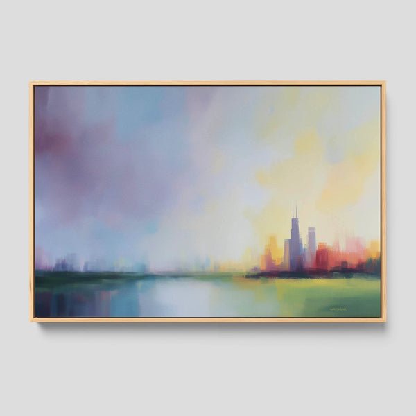 A framed modern Chicago wall art in soft tones.