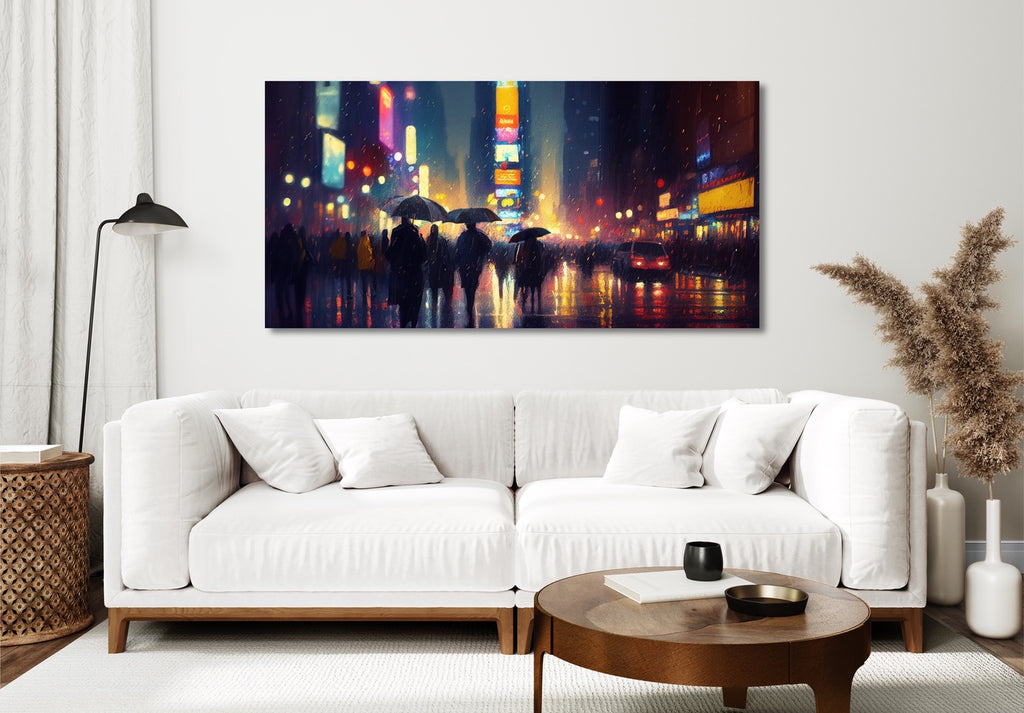 A panoramic urban landscape featuring city streets in the rain canvas wall art.