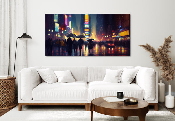 A panoramic urban landscape featuring city streets in the rain canvas wall art.
