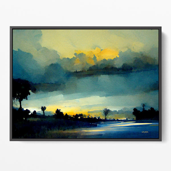 Modern Coastal Landscape Painting in Blue and Yellow.