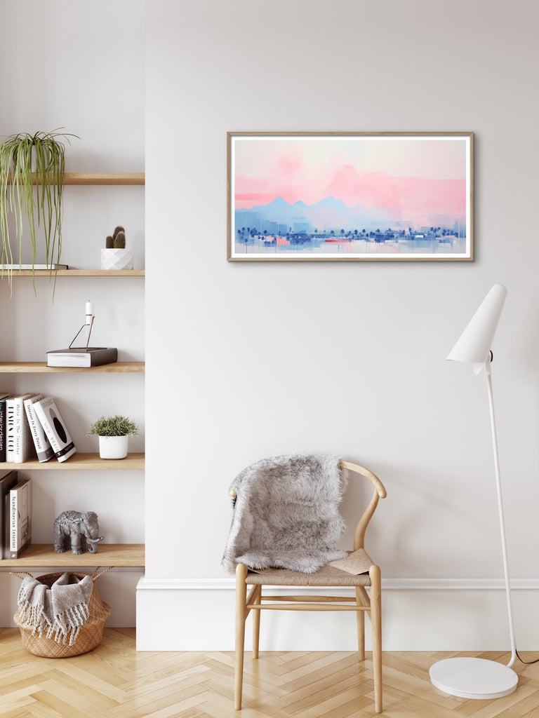 An abstract California palm trees wall art in pastel colors. 