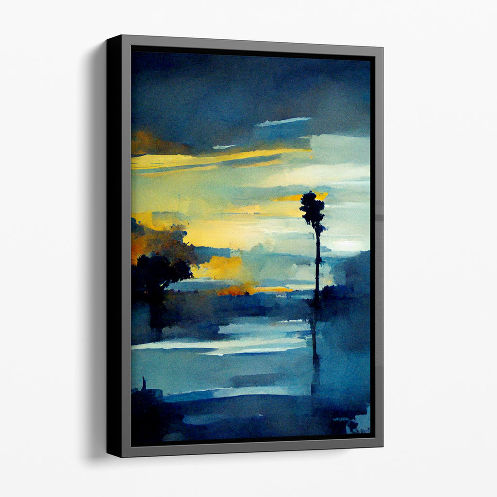 Framed Watercolor Beach Canvas Wall Art in Blue and Yellow.