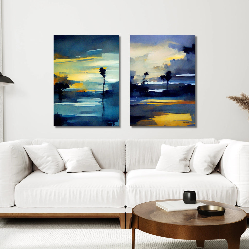 A matching set of two coastal abstract sunset wall art prints in Shades of Blue and Gold.