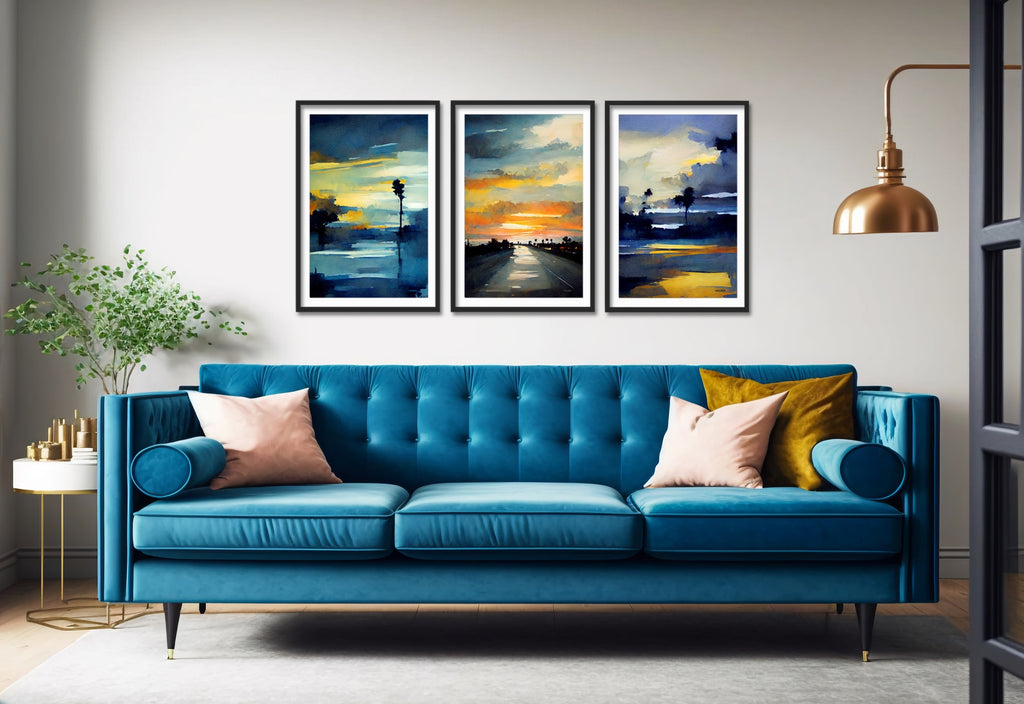 A set of three Los Angeles, California coastal sunset prints on fine art paper or canvas, framed or unframed.