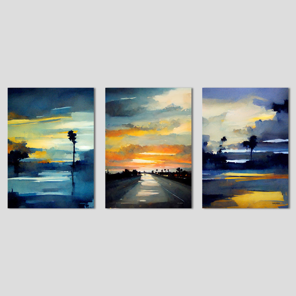 Modern California Beach Print Set at Sunset on Stretched Canvas.
