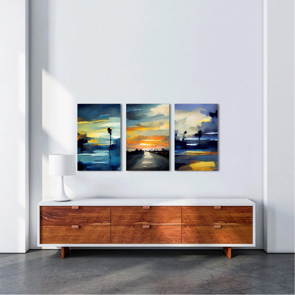 A set of three Los Angeles, California coastal sunset prints on fine art paper or canvas, framed or unframed.