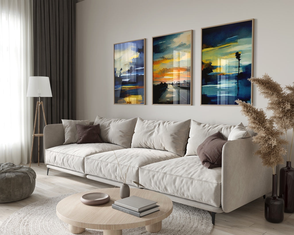 Abstract California beach wall art set in shades of blue, orange and gold.