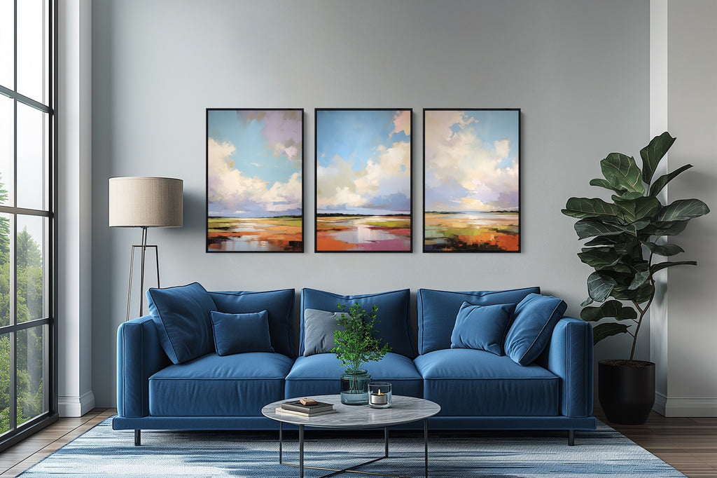 An abstract coastal scenery art print set of 3 on fine art paper or canvas, framed or unframed.