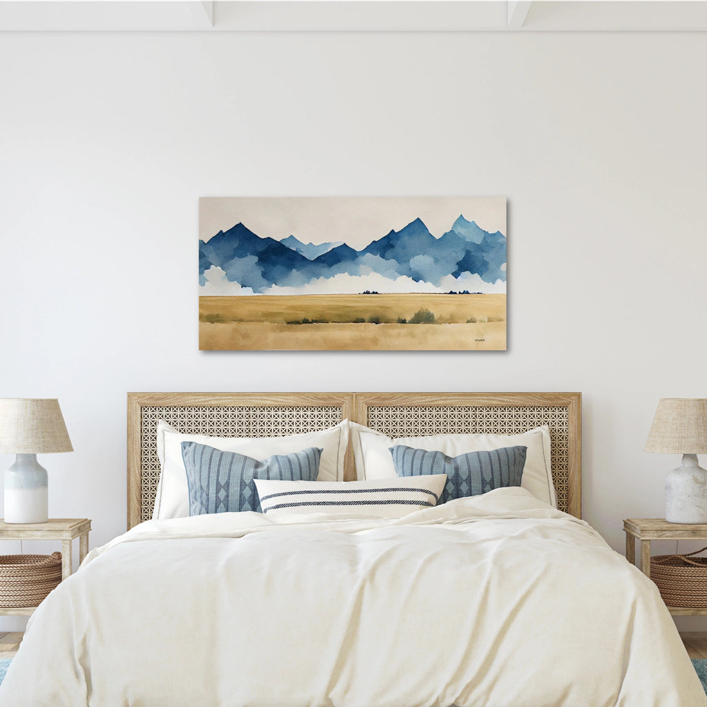 Large Abstract Mountain Canvas Painting in Blue and Beige.