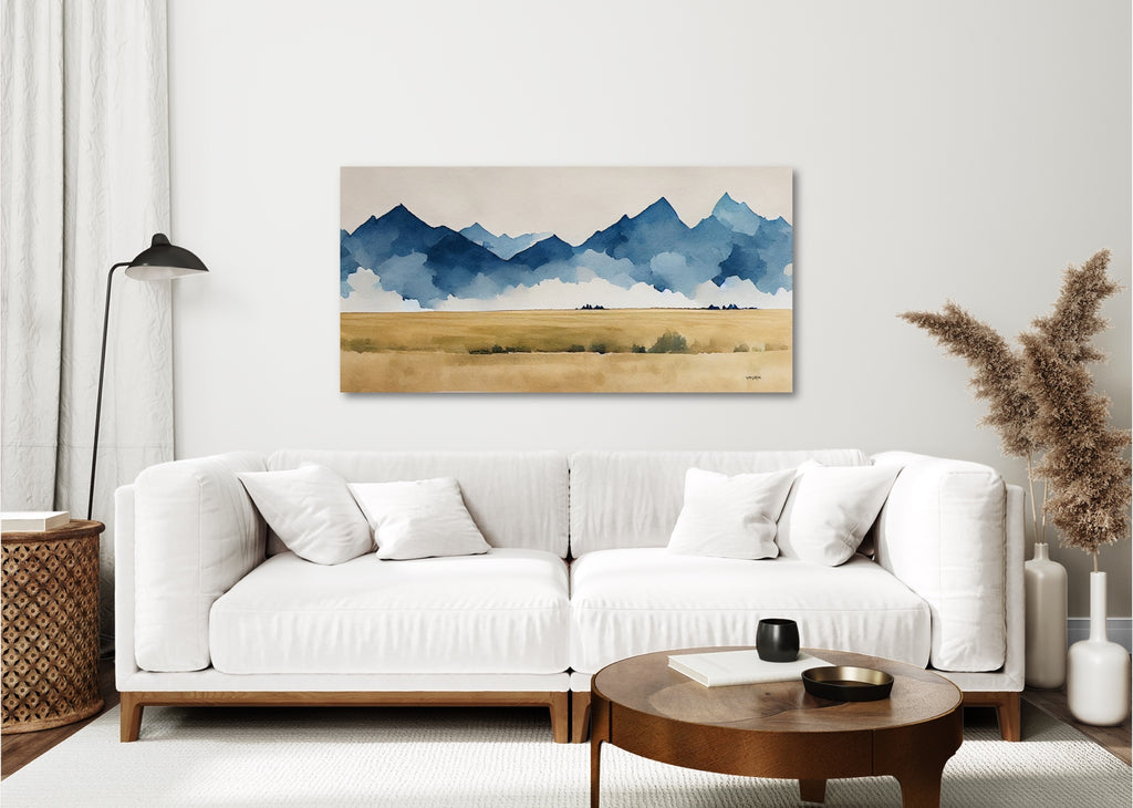 A minimalist horizontal abstract mountain wall art print. 