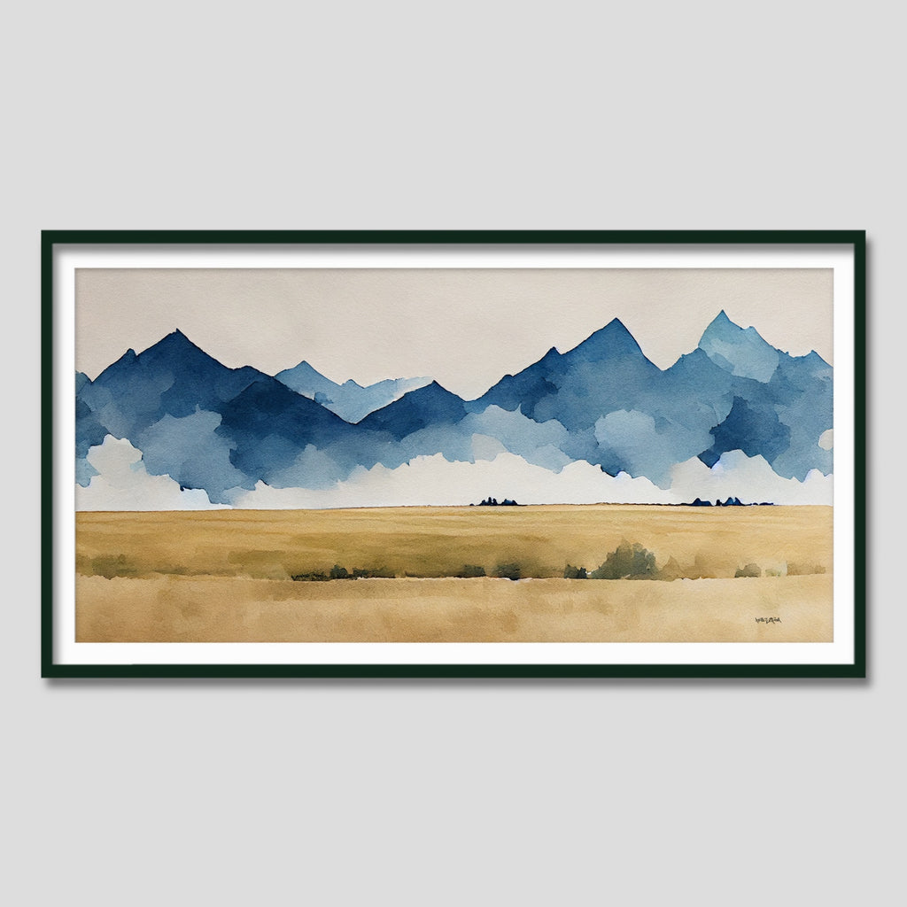 Large Abstract Mountain Canvas Painting in Blue and Beige.