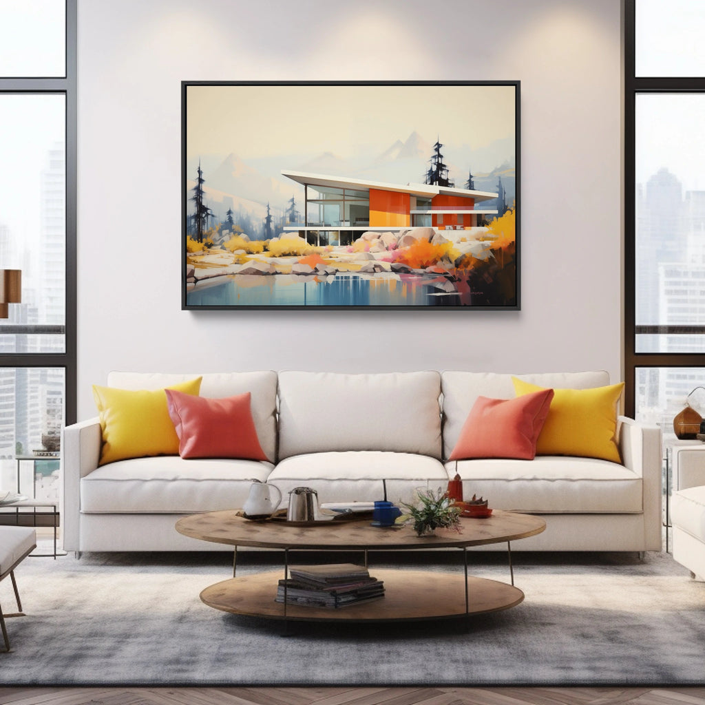 A framed art deco inspired artwork for living room.