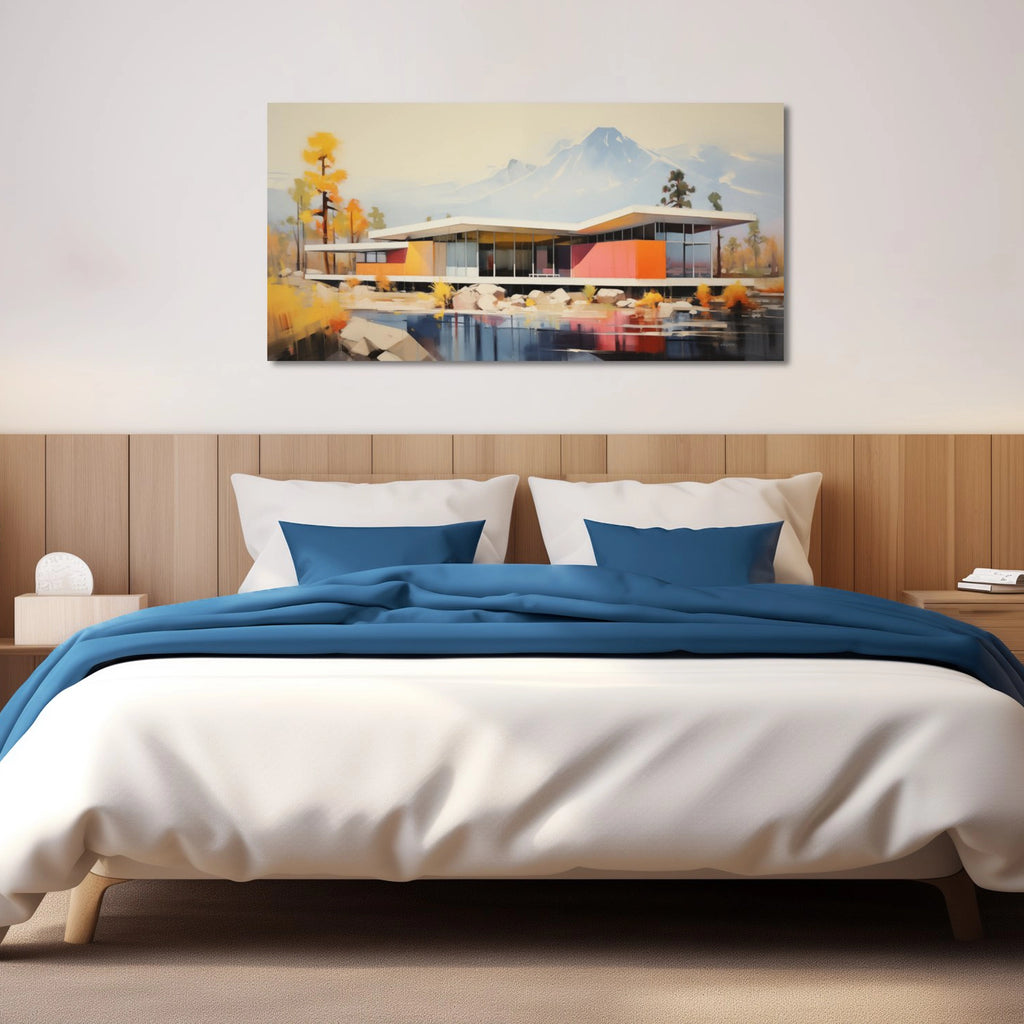 A mid-century modern house artwork set against Colorado’s majestic peaks.