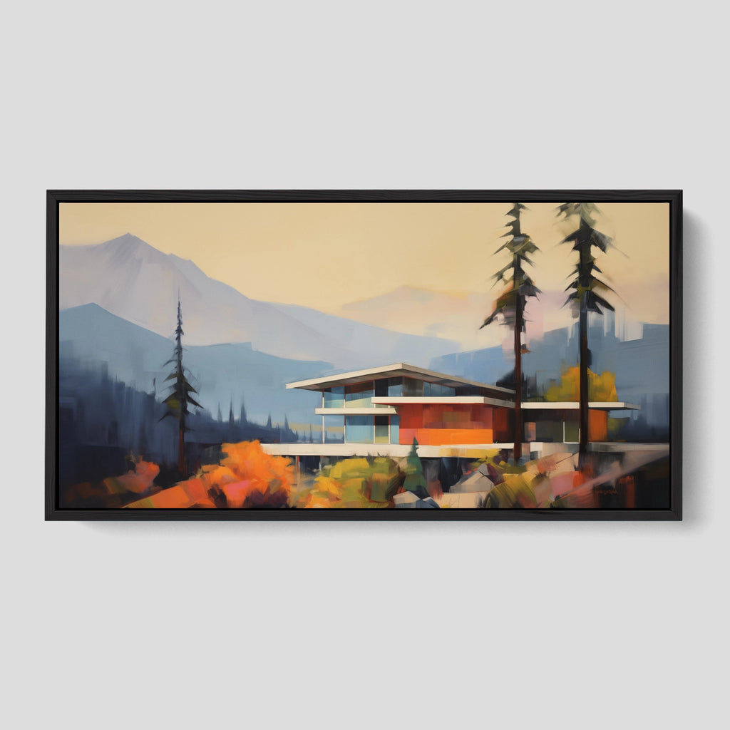A large house artwork in muted tones.