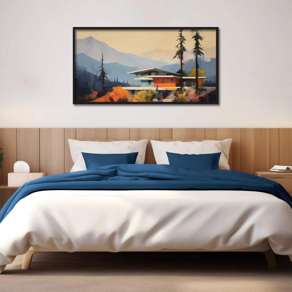A horizontal architecture landscape wall decor with a backdrop of mountains.